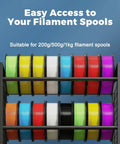 Beefed Up Heavy Duty 3D Printer Stand With Double Layer Filament Storage Rack holding colorful spools, mobile studio office use.