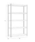 Rock Solid Five Tier Riveted Steel Shelving Unit With Adjustable Shelves 3800 Lbs Capacity side view diagram with dimensions 72x36x18 inches.