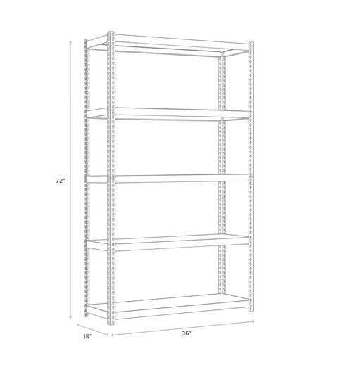 Rock Solid Five Tier Riveted Steel Shelving Unit With Adjustable Shelves 3800 Lbs Capacity side view diagram with dimensions 72x36x18 inches.