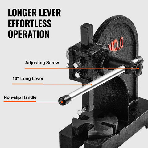 Beefy 0.5 Ton Manual Arbor Press for desktop stamping with cast iron construction, featuring a long lever and adjusting screw.