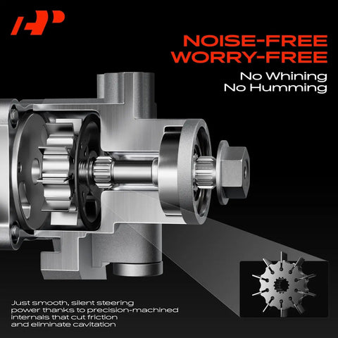 Cutaway of power steering pump internal components for Cadillac Escalade 2003-2006, showing noise-free operation.