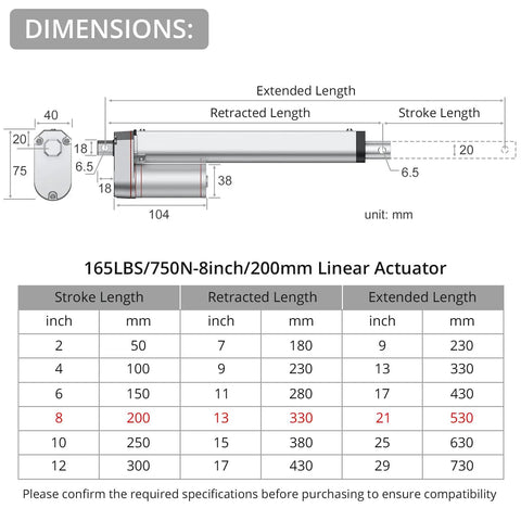 Dimensions diagram for 12V Linear Actuator, 160 Lbs, 750N, 8 Inch 200 mm Travel, showing stroke, retracted, and extended lengths.