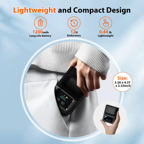 Person placing Bluetooth Label Printer M120 On The Go Portable Thermal Barcode Printer in pocket, showing lightweight design.