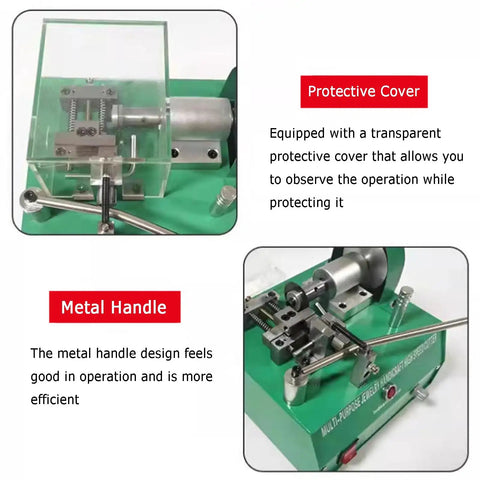 Zoienu Mini Electric Lathe For Jewelry Cutting With Adjustable Speed showing protective cover and metal handle for fine crafting.