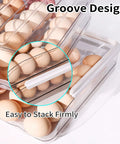 Automatic Rolling Egg Holder For Refrigerator, clear stackable dispenser with lid, showing groove design and eggs inside.