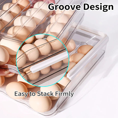 Automatic Rolling Egg Holder For Refrigerator, clear stackable dispenser with lid, showing groove design and eggs inside.