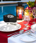 Table set by pool with Disco Party Plates And Napkins Set For 100 Guests With Disco Ball Design 100 Plates and napkins.