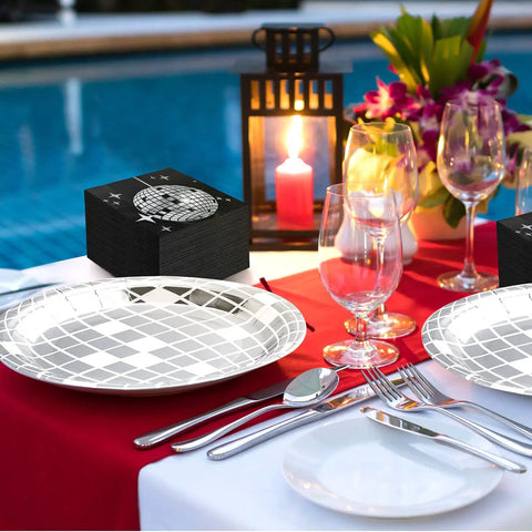 Table set by pool with Disco Party Plates And Napkins Set For 100 Guests With Disco Ball Design 100 Plates and napkins.