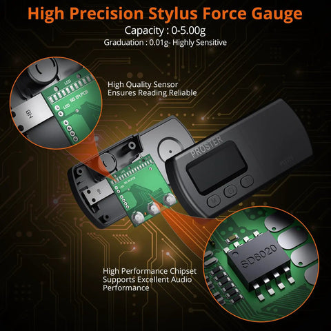 Turntable Stylus Force Scale With 0.01g Precision, Non Magnetic Gauge For Accurate Cartridge Tracking, Supports MM MC MI Cartridges And Piezo Pickup, Perfect Gear For Pros And Home Audio Setups, black LCD scale with circuit board detail