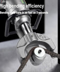 Close-up of Cutpoiya Portable Electric Hydraulic Rebar Bender Machine 25mm Steel Tube Bending Tool bending a steel rod.