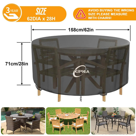 Heavy Duty Round Patio Table Cover Waterproof UV Resistant No Tears No Fading Fits 62 Inch Diameter Tables Up To 28 Inch High