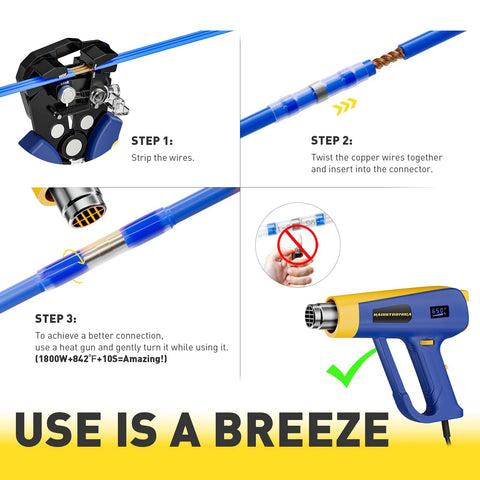 haisstronica 120-piece solder-seal wire connectors kit with marine-grade heat-shrink butt splices; blue heat gun shown