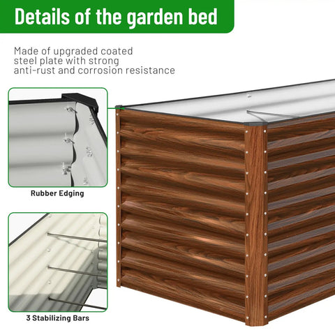 Waist Height Raised Garden Bed 36 Inches Tall For Easy Back Friendly Gardening Open Bottom Outdoor Galvanized Metal Planter Box 8 By 4 By 3 Feet For Vegetables And Flowers Brown, with rubber edging and stabilizing bars