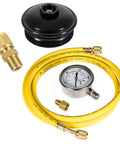 Fuel pressure test kit with yellow hose, gauge, brass adapters, and black billet aluminum fuel filter cap.