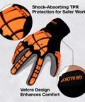 Heavy Duty Impact Gloves For Men And Women, TPR Knuckle Guards, Cut Resistant Nitrile Grip, Level 4 Abrasion Grip, Touchscreen Ready, Red, Medium Size, showing back view with TPR protection and velcro.