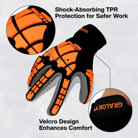 Heavy Duty Impact Gloves For Men And Women, TPR Knuckle Guards, Cut Resistant Nitrile Grip, Level 4 Abrasion Grip, Touchscreen Ready, Red, Medium Size, showing back view with TPR protection and velcro.