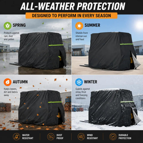 Durable Forklift Cover For Toyota Core Electric 8FBCH25U Models shown in all-weather protection images for seasons.