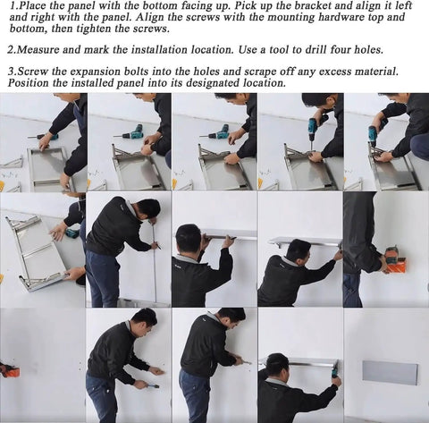Installation process of Foldable Stainless Steel Wall Mount Storage Shelf And Fold Down Table for kitchen or bathroom.