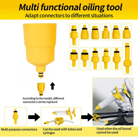 All In One Pro Grade Hydraulic Brake Bleed Kit With 180ml Mineral Oil, connectors shown for various situations