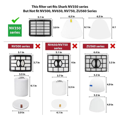 Vacuum filter size chart for Shark NV350 series showing compatible foam and HEPA filters, not for NV500 NV650 NV750 ZU560 models.