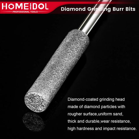 Close-up of Dremel Compatible Diamond Burr Bits Kit For Carving Engraving Grinding And Polishing Stone Glass Jewelry And Rocks With One Eighth Inch Shank Eleven Piece Rotary Tool Accessory Set, showing diamond-coated grinding head.
