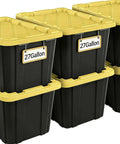 Six Pack Heavy Duty Stackable Industrial Totes Top Shelf Plastic Storage Bins With Secure Snap Lids Rock Solid Build For Garage Workshop And Warehouse Organization Black And Yellow, 27-gallon capacity.