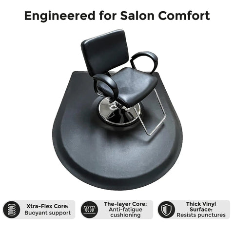Top Shelf Anti Fatigue Salon And Barber Mat Heavy Duty Flex Black Non Slip Flooring Made In Usa under a salon chair.