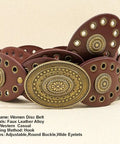 Rock That Wild West Attitude With This Dope Vintage Western Cowboy Disc Belt Featuring Adjustable Pu Leather Wrap Chainmail Straps And Heavy Duty Riveted Metal Conchos For Daily Wear, Faux leather with riveted discs.