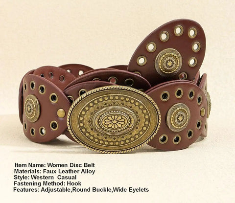 Rock That Wild West Attitude With This Dope Vintage Western Cowboy Disc Belt Featuring Adjustable Pu Leather Wrap Chainmail Straps And Heavy Duty Riveted Metal Conchos For Daily Wear, Faux leather with riveted discs.