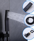 Shower Faucet Set, 12-Inch Rainfall Head, Handheld, Tub Spout, Matte Black handheld showerhead spraying water next to hose and mount.