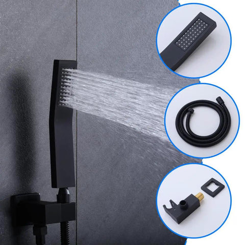 Shower Faucet Set, 12-Inch Rainfall Head, Handheld, Tub Spout, Matte Black handheld showerhead spraying water next to hose and mount.