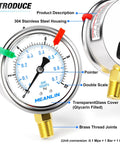 Front view of 0 To 10 Psi Liquid Filled Pressure Gauge With One Quarter Inch NPT Rugged Built To Last Two And A Half Inch Dial