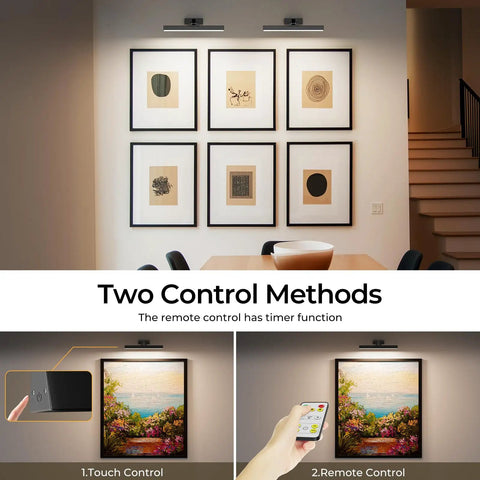 16 Inch Wall Mounted Picture Light With Slick Cct Dimming And Long Lasting Rechargeable Battery Paired With A Wireless Remote focusing on touch and remote controls.