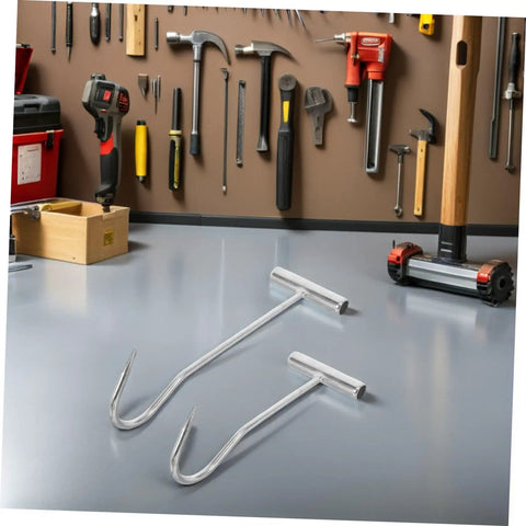 Heavy Duty T Handle Manhole Cover Hooks For Sewer And Septic Tanks Hella Tough Metal Lifters displayed on a workshop table.