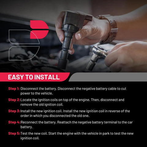 Hands installing ignition coil into Nissan engine bay, step-by-step guide overlay with ignition coil set details for Altima Rogue Sentra Versa Frontier Tiida 2.5L engines 2007-2018 NV200 2013-2014 Infiniti QX60 2014-2017 replacement coil packs for reliable spark and smooth performance plug n play.