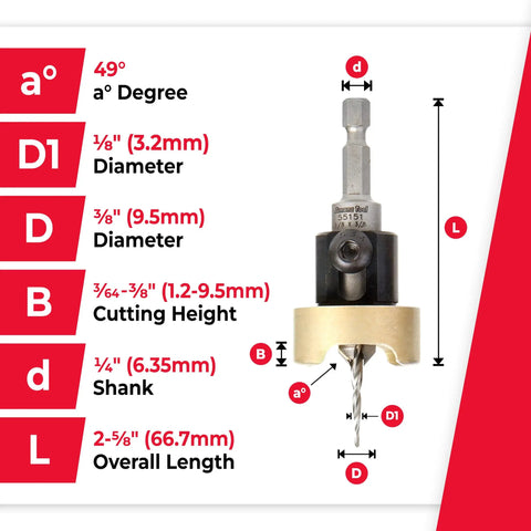 82 Degree Countersink With Tapered Drill Bit And Adjustable Depth Stop For No Marring Woodworking Quick Release Hex Shank Diagram