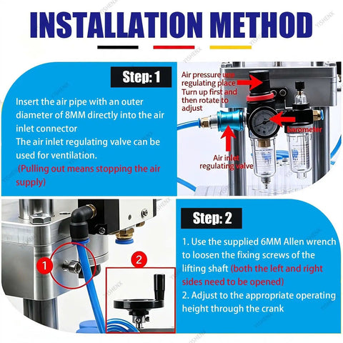 Installation method for High Speed Pneumatic Vial Sealing Machine for Aluminum Glass Bottles, detailing steps with air hose and valve setup.