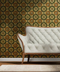 Distressed Tiles Gold Metallic Wallpaper Fibrous Texture Adds High End Glam To Any Room on a wall behind a cream tufted sofa.