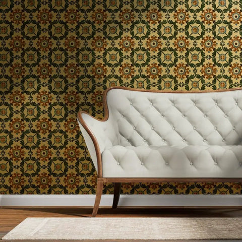 Distressed Tiles Gold Metallic Wallpaper Fibrous Texture Adds High End Glam To Any Room on a wall behind a cream tufted sofa.