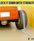 2 Inch By 16 Foot Heavy Duty Cam Buckle Tie Down Straps With E Track Fittings secures vehicle tire to trailer floor