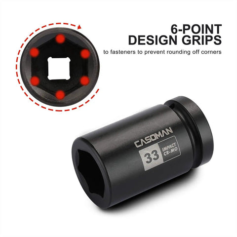 1 Inch Drive 33mm Deep 6 Point Axle Nut Socket for Easy Removal of Axle Shaft Nuts, showcasing 6-point design grips and CR-MO steel