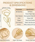Product specifications for 60 Piece Gold Flower Shaped Paper Clips Set For Office And Planner Use with floral outline and dimensions.