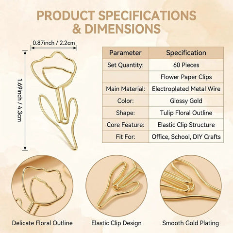 Product specifications for 60 Piece Gold Flower Shaped Paper Clips Set For Office And Planner Use with floral outline and dimensions.