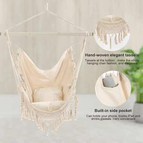 Ultra Cozy Hammock Chair With Macrame Design hanging, showing cushions and side pocket details, with heavy duty metal rod.