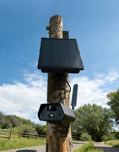 Solar Panel Kit For Trail Cams With 6000mAh Battery And 12V Output IP66 Waterproof Compatible With Tactacam on tree post