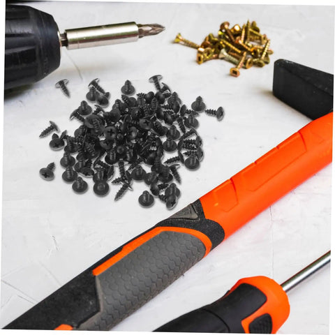 Nailed It With These Dope 100 Piece Miniature Metal Screws scattered with tools, perfect for furniture assembly and home repairs.