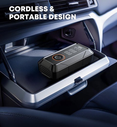 Portable Tire Inflator Air Compressor With Digital Pressure Gauge, Cordless 12V DC Pump displayed on car dashboard compartment