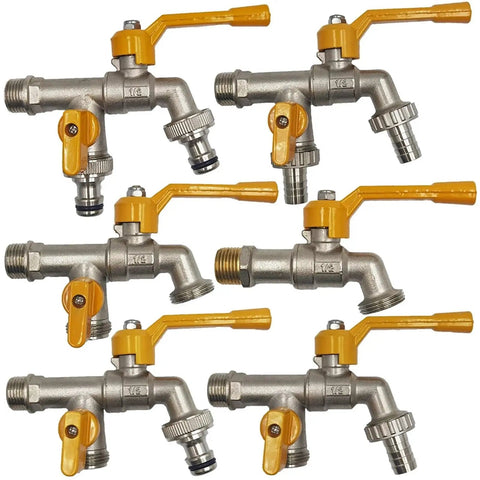 Two Way Garden Hose Faucet Adapter With Brass Ball Valve One Half Inch Connector for Water Tank and Irrigation fittings, group view