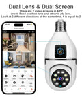Top Shelf Dual Lens Bulb Wifi Security Camera With Zero Hassle Setup For Indoor Spaces Featuring Ai Human Tracking 360 Degree Pan 180 Degree Tilt Night Vision Plus Two Way Audio with mobile app display.