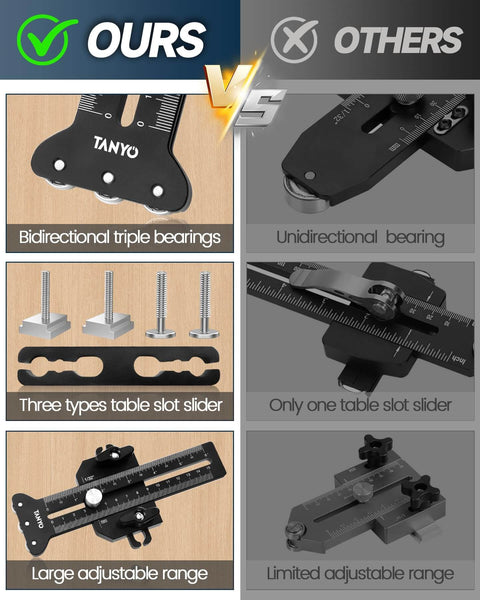 Comparison of a Triple Pulley Thin Rip Jig For Table Saw And Router Table with triple bearings and multiple table slot sliders.